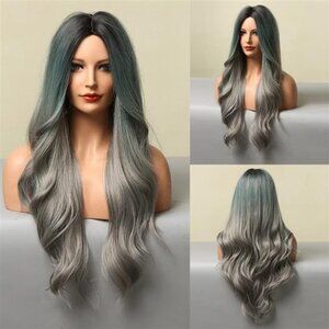 Womens Green Gray Full Wavy Curly Hair Wig